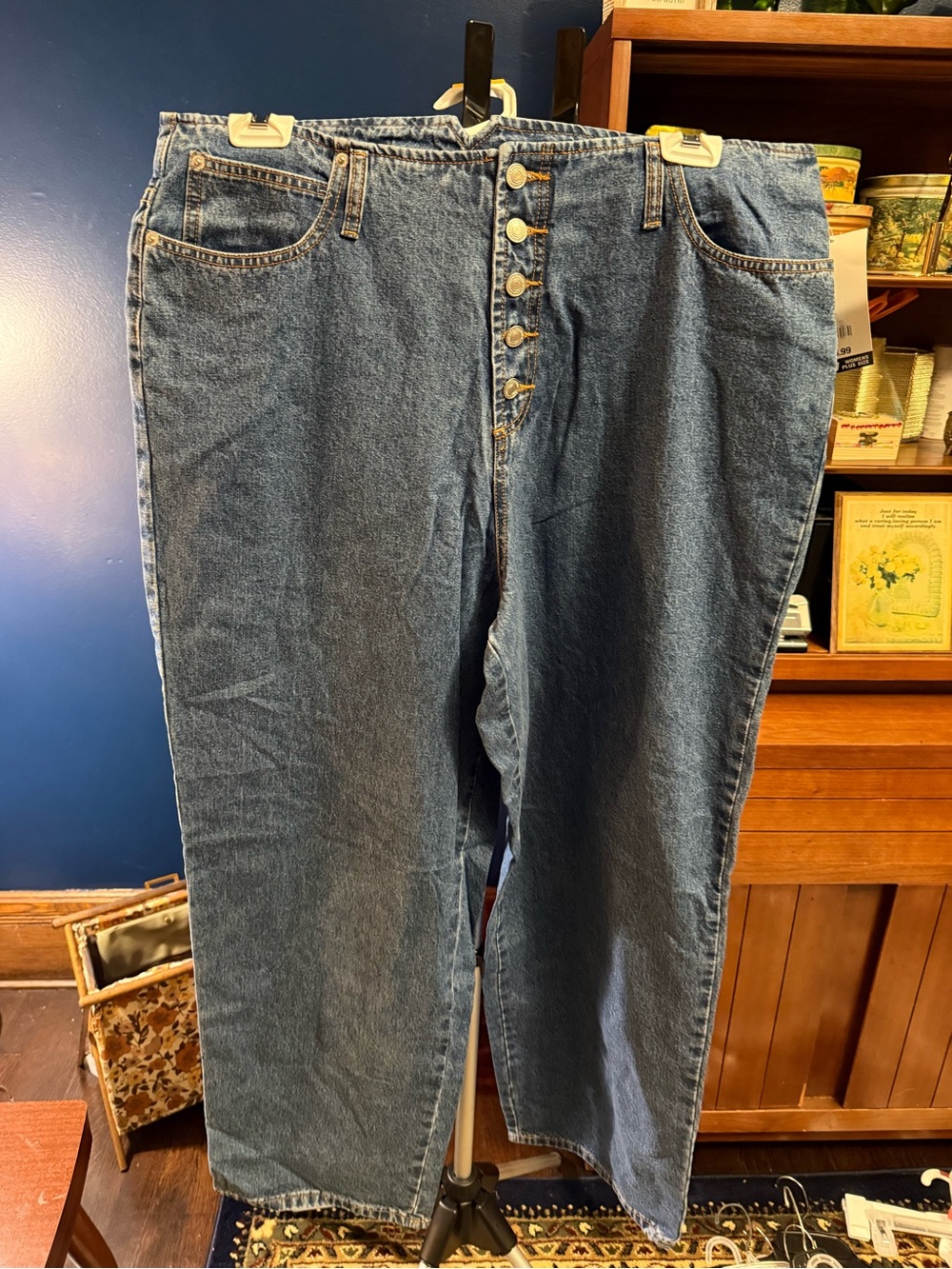 High-Rise Button-Fly Blue Denim Jeans 100% cotton (dead stock)